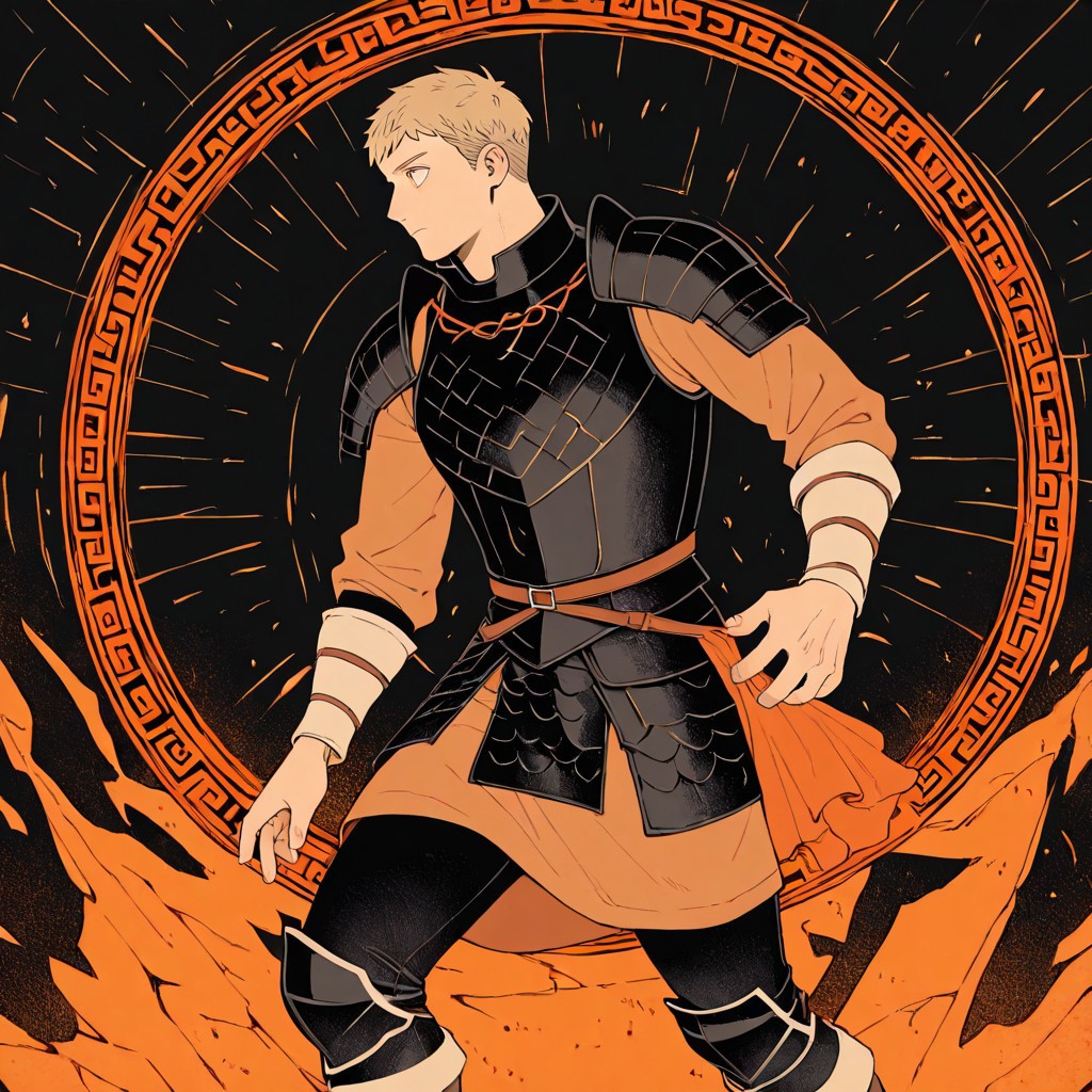 masterpiece, best quality, newest, absurdres, highres,  AGPV1.1, orange backgrond, monochrome,
1boy, laios touden \(dungeon meshi\), blonde hair, short hair, armor,