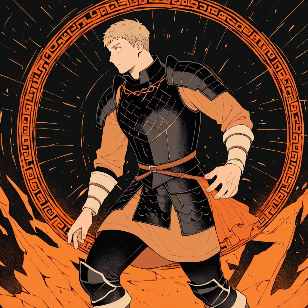masterpiece, best quality, newest, absurdres, highres,  AGPV1.1, orange backgrond, monochrome,
1boy, laios touden \(dungeon meshi\), blonde hair, short hair, armor,