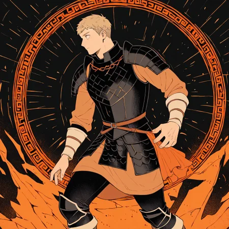 masterpiece, best quality, newest, absurdres, highres, AGPV1.1, orange backgrond, monochrome,
1boy, laios touden \(dungeon meshi\), blonde hair, short hair, armor,
