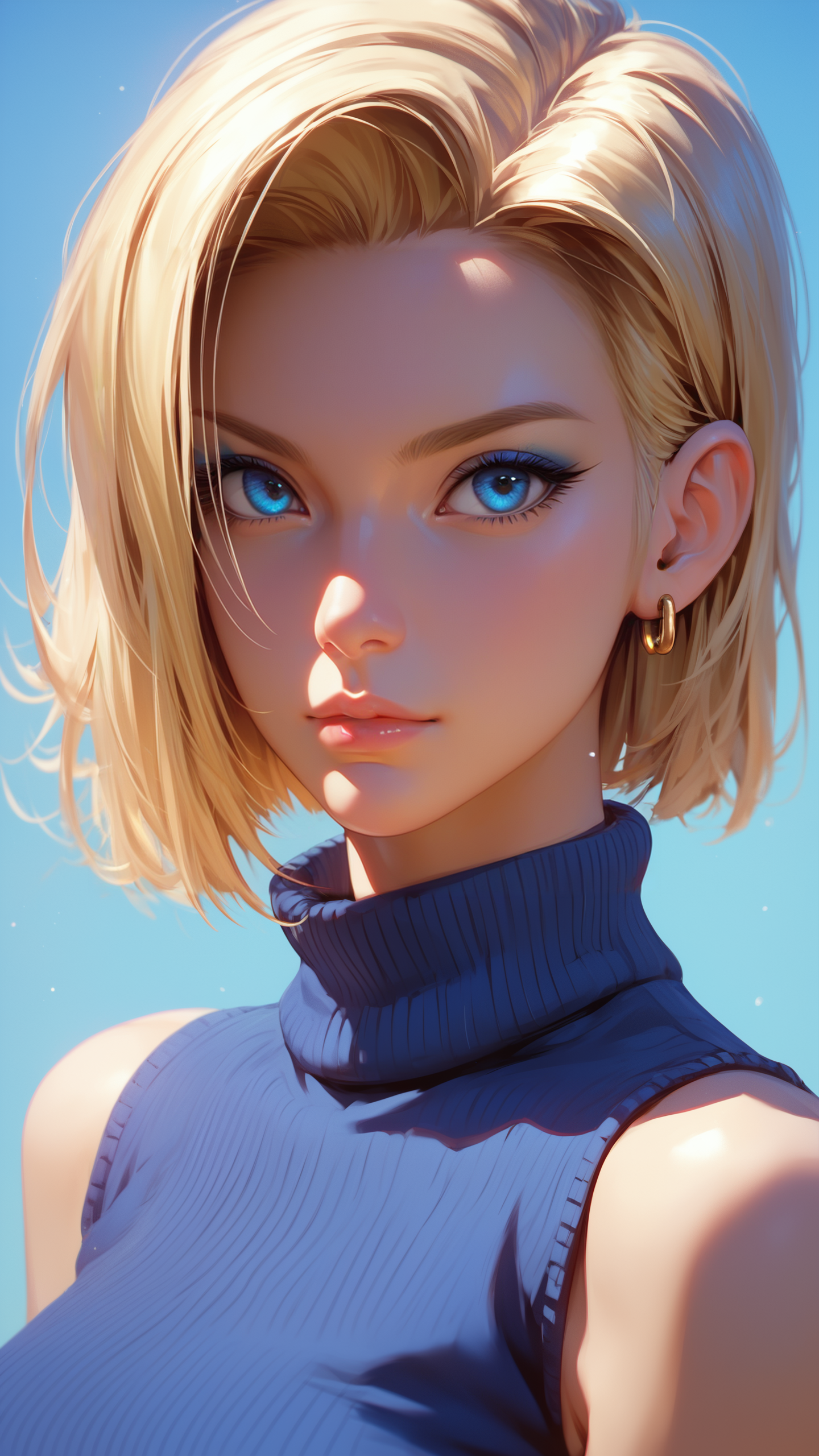 score_9, score_8_up, score_7_up, 1girl, solo, looking at viewer, short hair, blue eyes, blonde hair, simple background, jewelry, closed mouth, earrings, sleeveless, hair over one eye, sweater, lips, makeup, turtleneck, portrait, realistic, nose, android 18