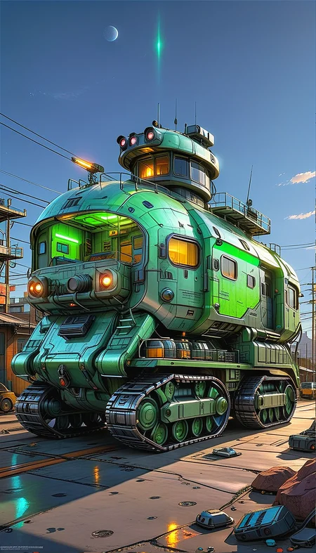 (cel-shading:2)+, (in ARTIST style:1.6), (masterpiece:1.7), green neon, glowing green neon, hyperrealism, glossy, shinny, clear image, accurate picture, clear picture, precise image, focused image, Science fiction style, Science fiction, (cozy comfy ground vehicle, motor vehicle, vehicle focus, train, truck, scenery, military, Tracked Vehicle, Traction City, gray paint, (neon cyberpunk city background), mecha comic style),
comic style, (ultra sharp focus:2), (thin lines:2), (best quality:1.8),
(masterpiece:1.8), (highest detailed:1.8), perfectly lighted, (contrast), (saturated), (((sharp focus))),
(hyperdetailed:1.3), (intricate details:1.2), (Refined details:1.3), (best quality:1.5), highly detailed textures, vibrant colors,
(ultra sharp focus:1.8), (detailed texture:1.8), (detailed edges:1.8), (thin lines:1.8), (best quality:1.8),
<lora:Apparatus_-_Traction_City_Walkers_Vehicles:0.8>,