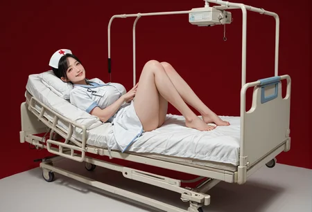 ,ruanyi1124,hospital bed,still life,
red background,nurse,1girl,barefoot,cowboy shot,on bed,<lora:1124 hospital bed_v1_pony:1>, score_9, score_8_up, score_7_up, score_6_up, score_9, score_8_up, score_7_up, score_6_up source_anime, blush, 1girl, seduce smile, perfect body , natural huge breasts