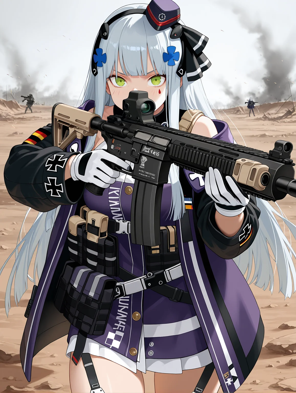 realistic, 1girl,hk416 \(mod3\) \(girls' frontline\), girls' frontline, 1girl, green eyes, long hair, grey hair, white hair, very long hair, blunt bangs, hair ornament, medium breasts, white gloves, mini hat, open jacket, assault rifle, facial mark, h&k hk416, german flag holding rifle, aiming rifle, hk416, tactical gear, plate carrier, shooting rifle, detailed background,battlefield,
,masterpiece,best quality,amazing quality,