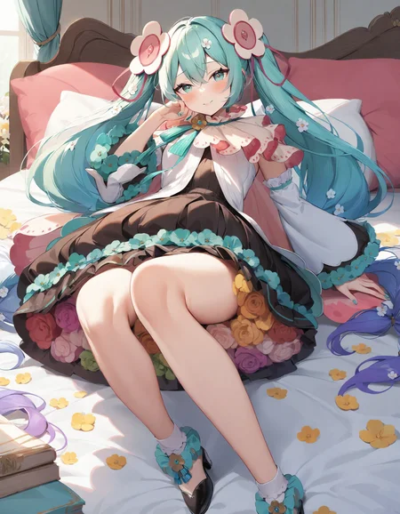 1girl, mjmr2021, magical mirai miku, hatsune miku,
very long aqua hair, gradient hair, twintails, hair flower ornament, dress, white wide sleeves, aqua eyes, dress flower, cape, skirt, black high heels,
white flower, blue flower , yellow flower, rose, pink flower, purple flower, flower petticoat, flower under skirt,
seductive smile, blush, aroused,
indoors, bedroom, lying on bed, lying,
masterpiece, best quality, very aesthetic, sensitive, safe,
<lora:neg4all_bdsqlsz_xl_V91:1> <lora:mjmr2021_anmgn31_C:0.8>