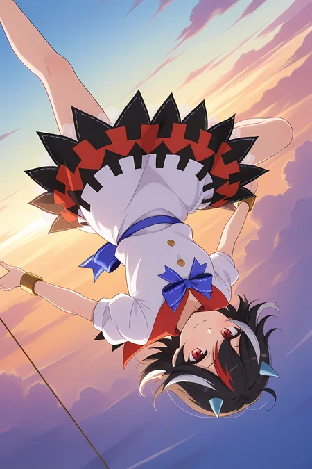 absurdres, highres, masterpiece, best quality, amazing quality, official anime artwork, screencap, anime screencap, outdoors, light smile, looking at viewer, dynamic pose, upside down background, midair, flying, sky,  reversed world, reversed ground, 
 <lora:Seija-Kijin_Illustrious:1> kijin seija, 1girl, solo, red eyes, black hair, multicolored hair, streaked hair, horns,, white dress, short sleeves, blue bow, bracelet, arrow print,