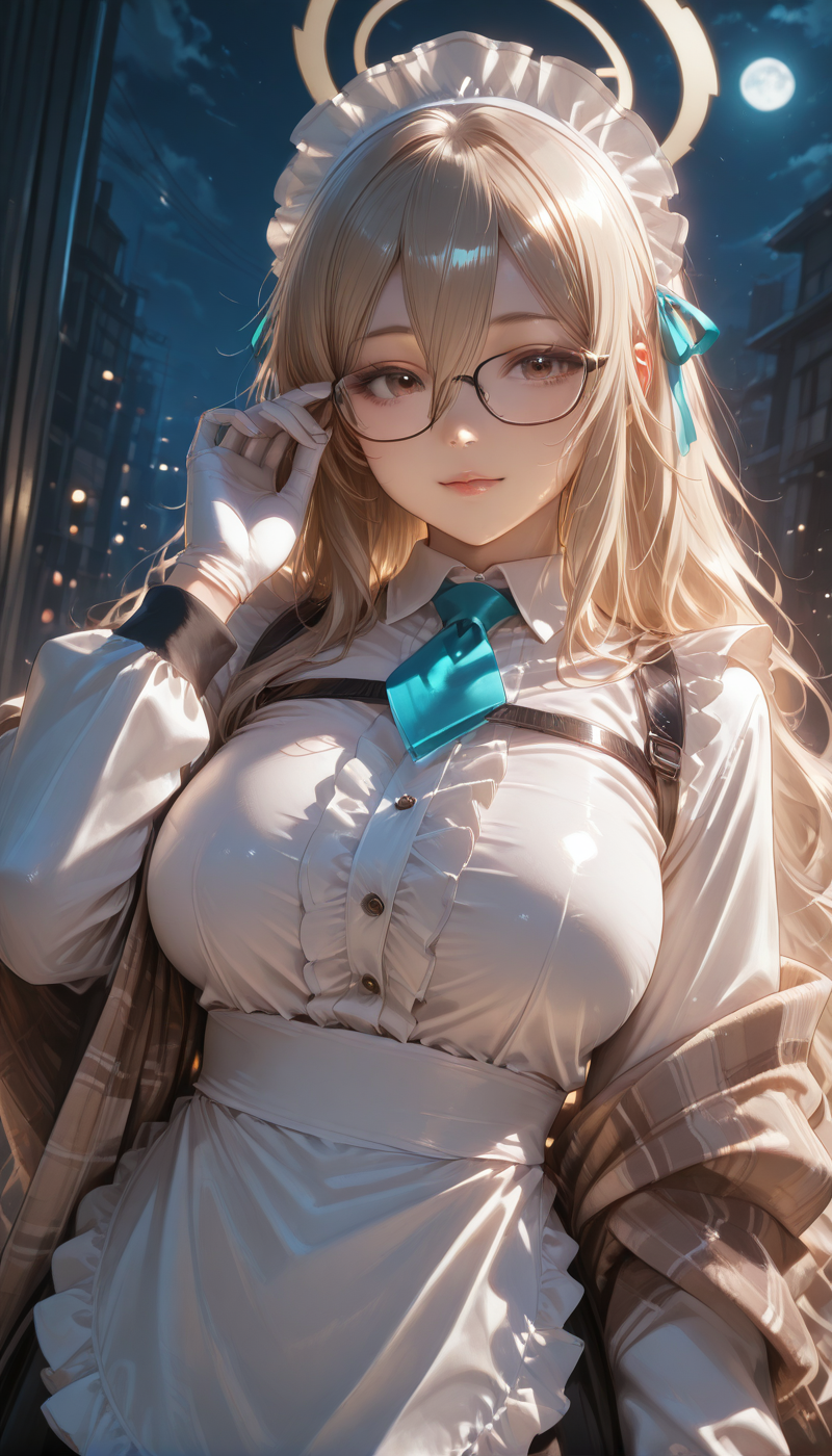<lora:LCMTurboMix_Euler_A_fix:1> <lora:example_SDXL:0.3>, <lora:Dramatic Lighting Slider:3> <lora:realistic filter [IL]:1>
DSLR,realistic,cosplay photo, (very awa,masterpiece,best quality,year 2024,newest,absurdres,highres:1), realistic,skin texture,facial features, photography shot with Canon EOS 5D Mark IV , realistic, RAW, best quality, masterpiece, amazing quality, skin details,
1girl, highly detailed beautiful face, large natural breasts,
detailed background, shiny skin, dutch angle, night, moonlight,
beautiful detailed eyes, intricate details, absurdres, anime screencap,
 <lora:Murokasa_Akane_ILXL_kill0825:1>
MuroAkane, large breasts, hair between eyes, very long hair, brown eyes, glasses, halo, light brown hair, black-framed eyewear,
shirt, skirt, long sleeves, gloves, dress, ribbon, white shirt, hair ribbon, pleated skirt, frills, necktie, collared shirt, puffy sleeves, white gloves, black skirt, scarf, apron, maid, plaid, maid headdress, white headwear, blue ribbon, white apron, waist apron, maid apron, blue necktie, frilled apron, shawl, center frills, harness, aqua necktie, chest harness, short necktie, brown scarf, 
adjusting eyewear