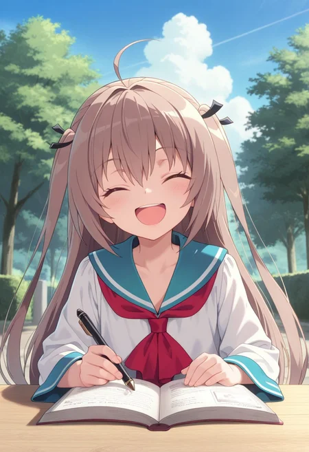masterpiece,best quality,amazing quality, atri, long hair, brown hair, 1girl, school uniform, solo, closed eyes, open mouth, ahoge, serafuku, smile, outdoors, holding, tree, pen, book, sky