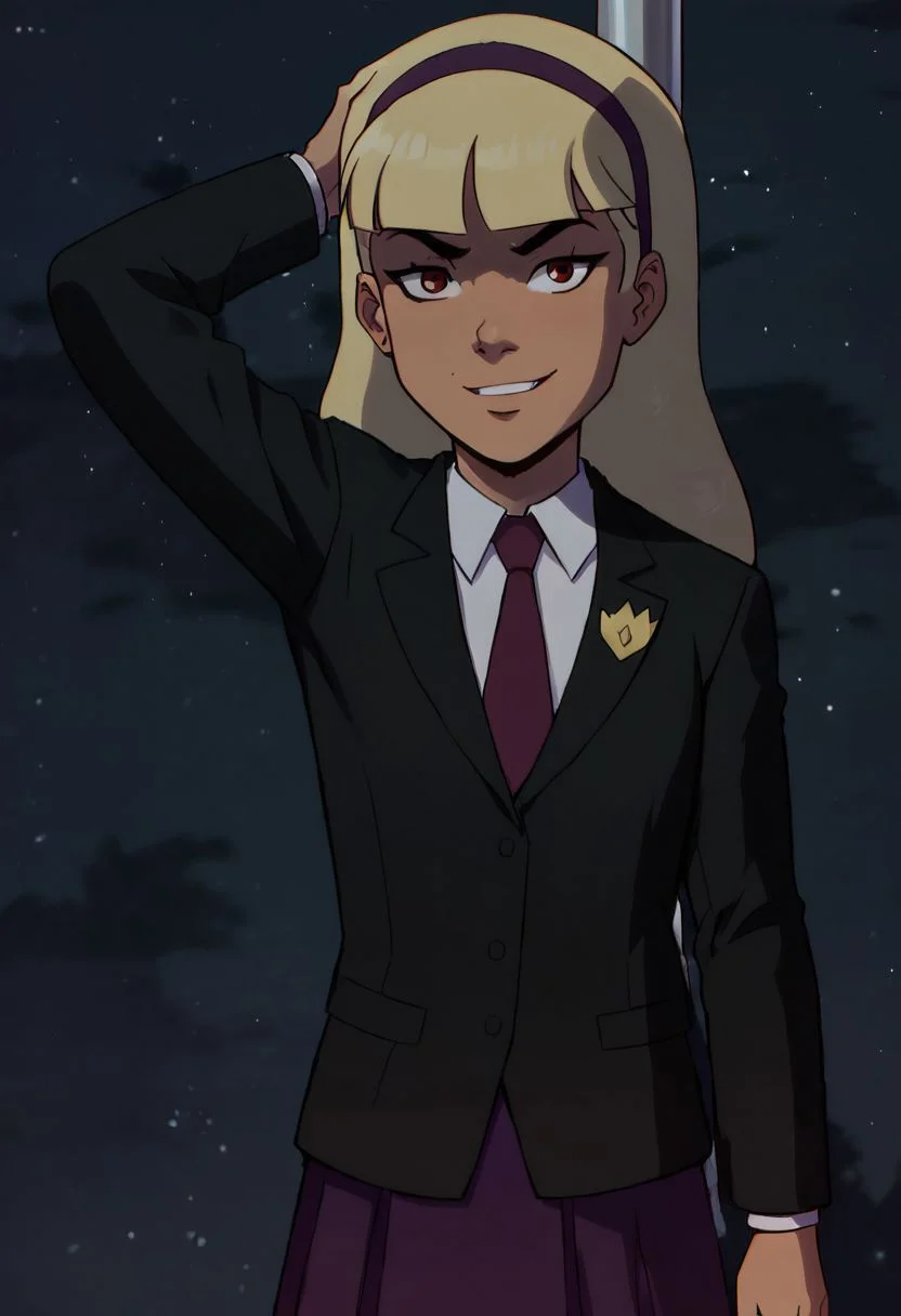 score_7, score_7_up, score_9, score_9_up, BREAK, DC__Young_Justice_Child, 1girl, blond hair, red eyes, purple hairband, white shirt, black coat, red tie, insignia on coat, smug smile, <lora:DC__Young_Justice_Child:0.8> looking at viewer, dutch angle, cowboy shot, solo, stripper, stripper pole, pole dancing,