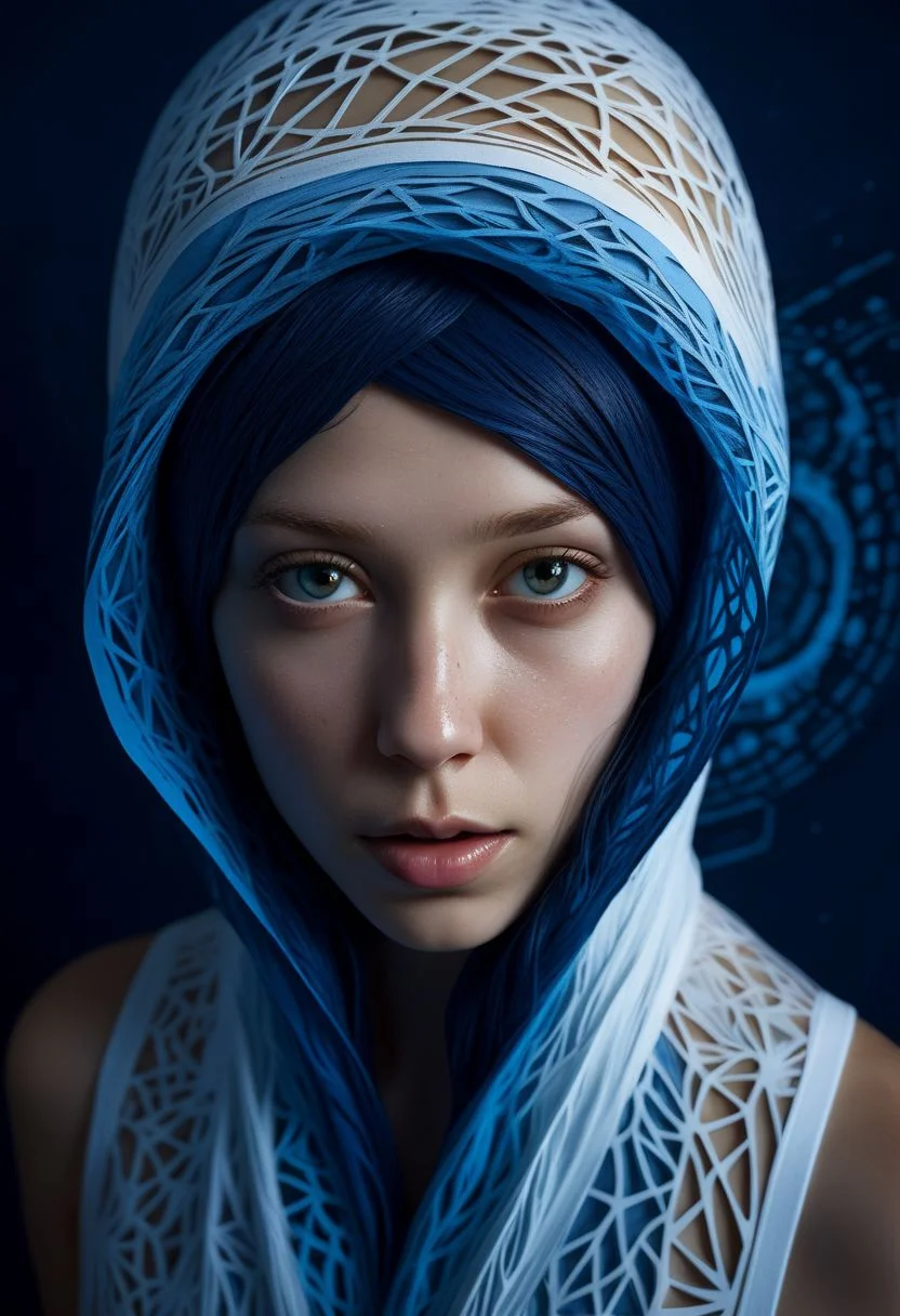 mysterious face, an exotic girl in artsy clothing, fading backlit background, (deep sea fading white to deep blue layered papercut in background), alluring goddess, by Minjae Lee, Carne Griffiths, Emily Kell, Steve McCurry, Geoffroy Thoorens, Aaron Horkey, Jordan Grimmer, Greg Rutkowski, amazing depth, double exposure, surreal, geometric patterns, intricately detailed, bokeh,  perfect balanced, deep fine borders, artistic photorealism , smooth,  great masterwork by Suiras  <lora:add-detail-xl:2>  <lora:Double_Exposure:0.5>