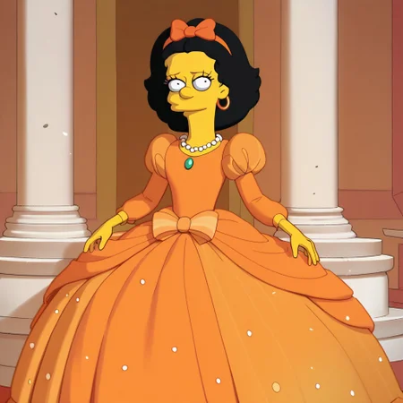 score_9, score_8_up, score_7_up, score_6_up, ballroom, castle ballroom, g1na v3ndetti, multicolored hair, black hair, pink hair, two-tone hair, solo, 1 girl, simpsons, orange hairband with bow, huge orange rococo princess ball gown hoop skirt, huge pannier skirt, ball gown hoop skirt, orange princess dress, hoopdress, my big princess gypsy wedding dress, ballgown, Ba11g0wn, puffy sleeves, long sleeves, a girl in a dress posing for a picture, looking at viewer and smiling,