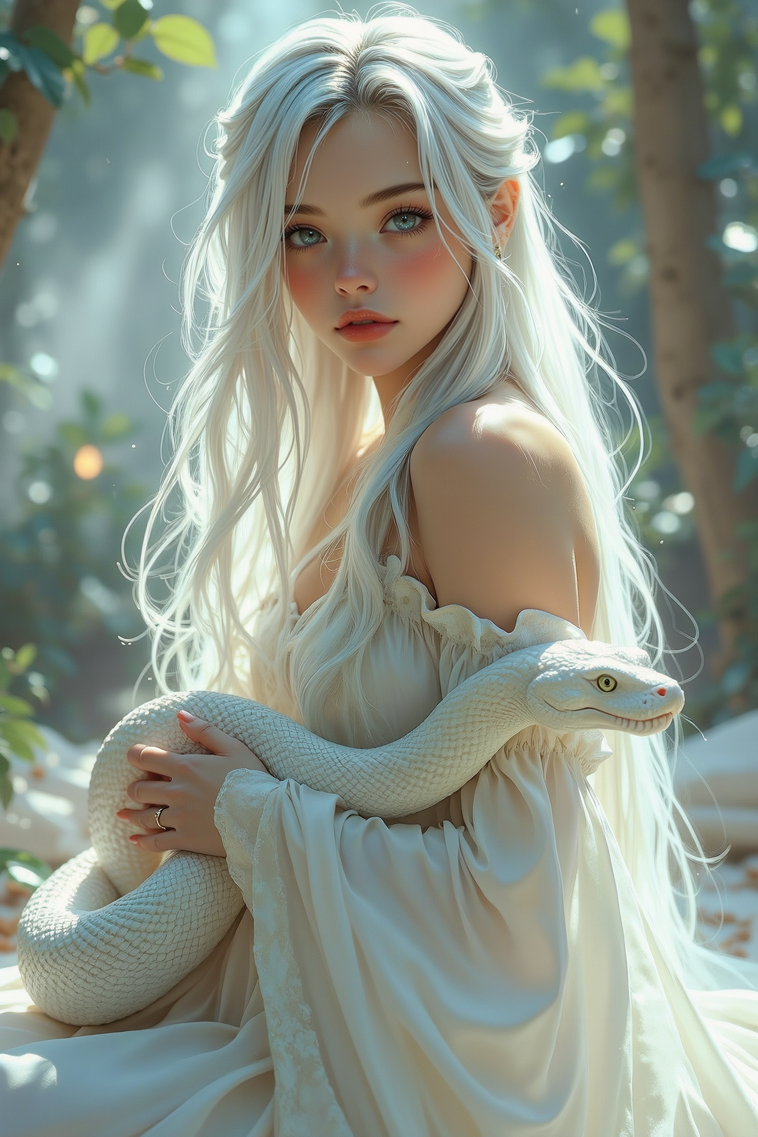 A surreal and hyper-realistic scene featuring a classical beauty dressed in a flowing white silk gown, accompanied by a majestic white snake. The intricate details of her attire and the snake's scales are highlighted, set against a dreamy, ethereal background. The scene is illuminated with soft, magical lighting, enhancing the otherworldly and enchanting atmosphere.
surreal, hyper-realistic, classical beauty, white silk gown, majestic white snake, intricate details, dreamy background, ethereal, soft magical lighting, enchanting, otherworldly, visually stunning, high quality, detailed, sharp clarity, breathtaking, elegant, graceful.
looking at viewer, long hair, white hair,
<lora:Dever_Flux_Enhancer:0.5>
<lora:Midjourney_-_SemiReal_Dreams_FLUX_LoRA:0.75>