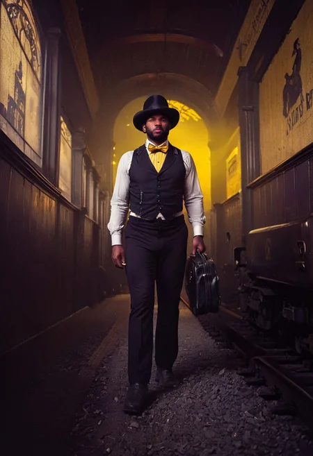 cinematic shot of gang walking in a grand 1800s railroad station, dirty 1970s philadelphia, menacing gaze, wearing black-pants, yellow suspenders, red bow tie, high dark purple cowboy hat, black and white eyes and cheeks, glitter blue-shirt, dramatic shadows, high resolution, carrying guitar cases