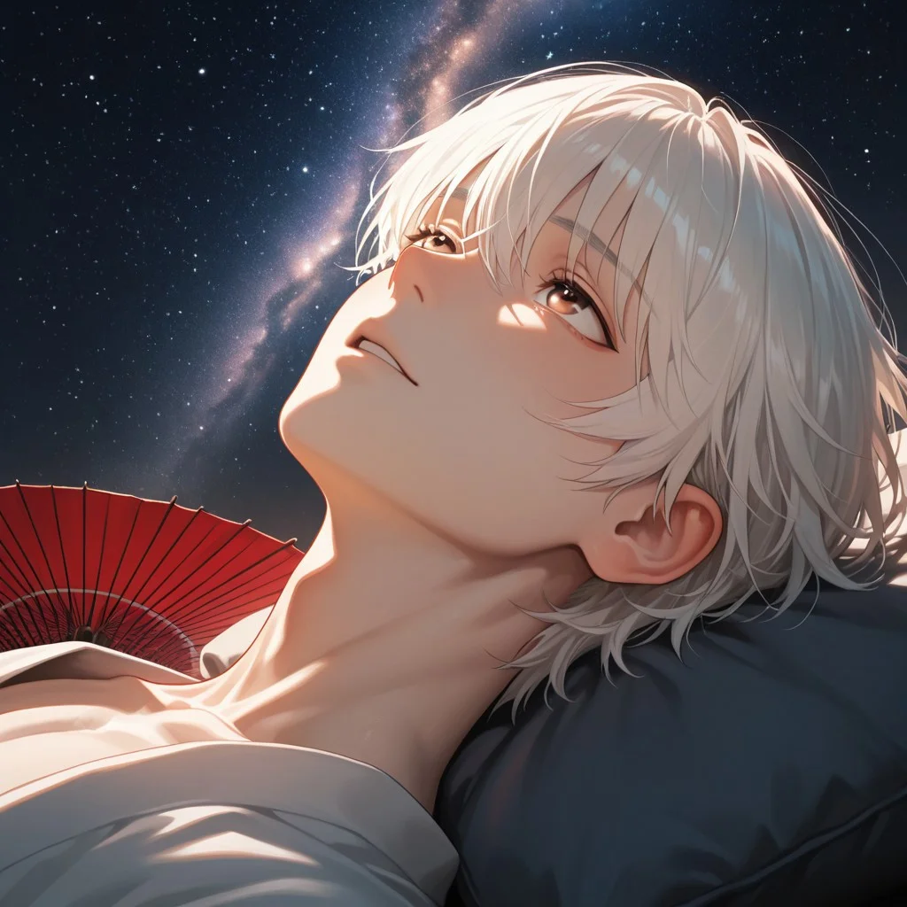 masterpiece, best quality, amazing quality, absurdres, newest, detailed background, definition so sharp, Ultra-HD, 8K cinematic, very awa, impressionate, amazing quality, highres,
solo, male focus, manly,
yashiroisana, 1boy, short hair, bangs, shiro_white hair, shiro_brown eyes, oil-paper umbrella, lying down, looking up, dreamy expression, calm, starry sky, glowing orbs, aesthetic, ethereal, playful, serene