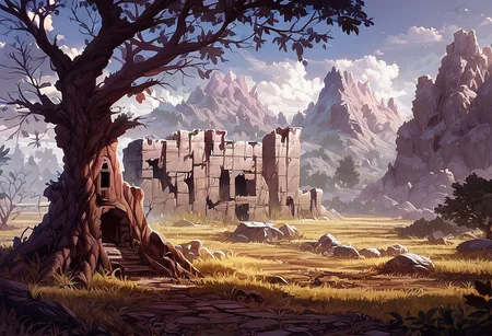 score_9,score_8_up,score_7_up, ultra detail, realistic,
MOUNTAIN VALLEY, abandoned old stone tower, meadow full of tall grass and wildflowers, large oak tree,