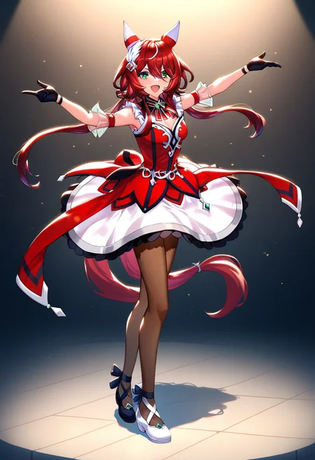 score_9, score_8_up, score_7_up BREAK
shobufuku, 1girl, solo, long hair, looking at viewer, smile, bangs, gloves, dress, animal ears, hair between eyes, bare shoulders, twintails, green eyes, tail, full body, pantyhose, red hair, black gloves, black pantyhose, red dress, brown gloves, dancing, red spotlight, black footwear, white footwear, mismatch footwear, dynamic pose,
<lora:Win Variation-ponyXL_V1:0.8>,(on Straw thread stage , indoor)