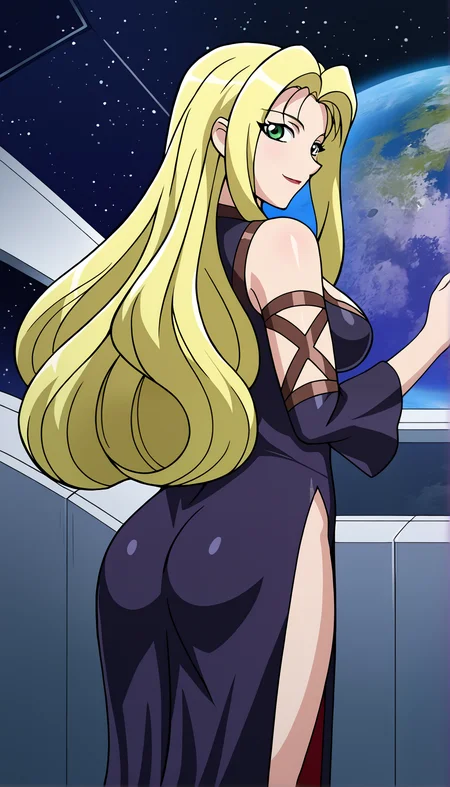 score_9_up, source_anime, jura_basil_elden,dress, 1girl, from behind.facing away. solo, long hair, breasts, looking at viewer, smile, blonde hair, large breasts, indoors, space, navel, cleavage, bare shoulders, side slit. medium breasts, very long hair, green eyes, detached sleeves, black dress,