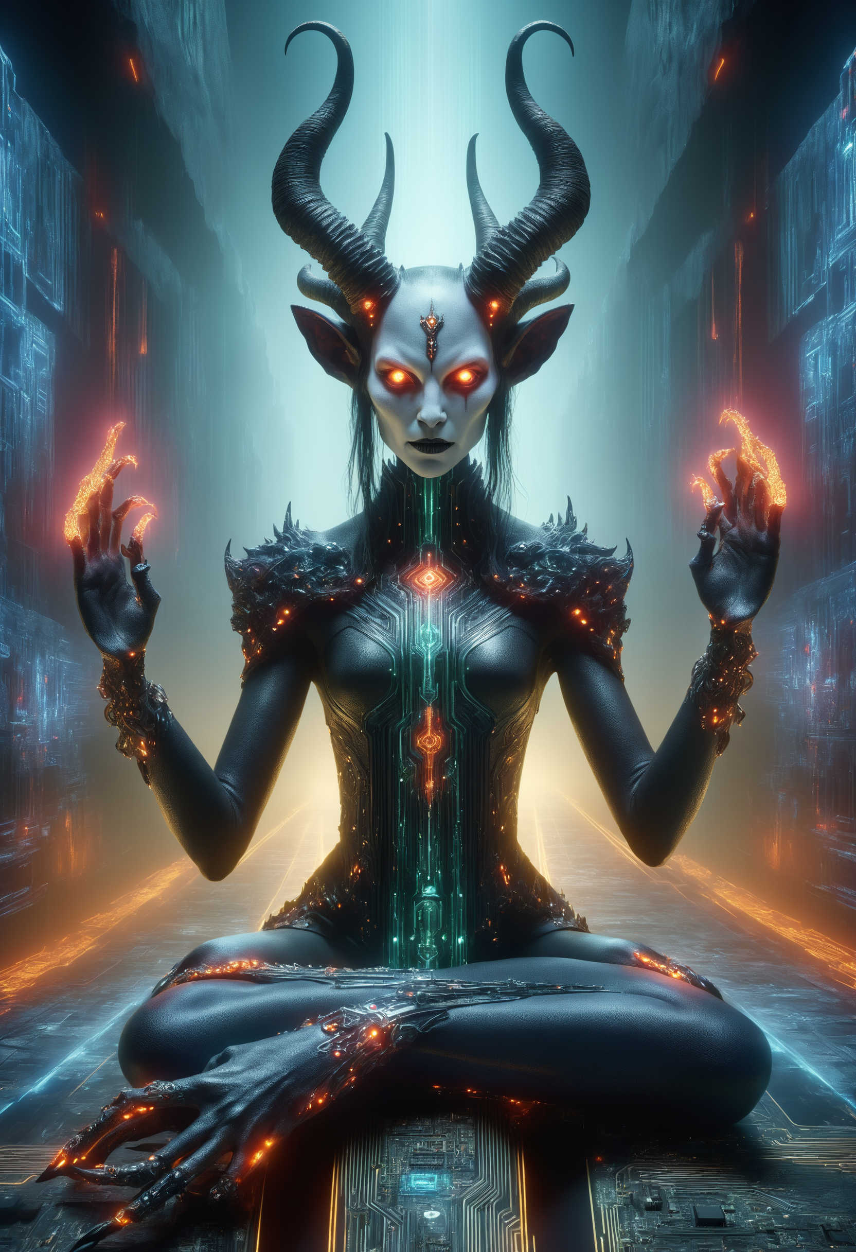 DonMQu4n7umZ3r0XL lich, malevolent female demon, humanoid appearance, attractive seductive demeanor,  horns, clawed hands, hoofs, dark demonic hues, enticing, nighttime seduction, sexual nightmares, night , whimsical,volcanic,wraithlike,exuberant,interdimensional,zeal-driven,extraordinary,underground,traffic , valleys, canyon,quantum tech, futuristic,circuit board,
<lora:DonMQu4n7umZ3r0XL-000006:0.8>,