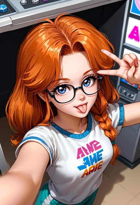 score_7_up, 1girl, ginger, pale skin, glasses, selfie, from above, v, tongue out, scintillating, hectic, fun, quirky, arcade, retro video games, sweetonedollar