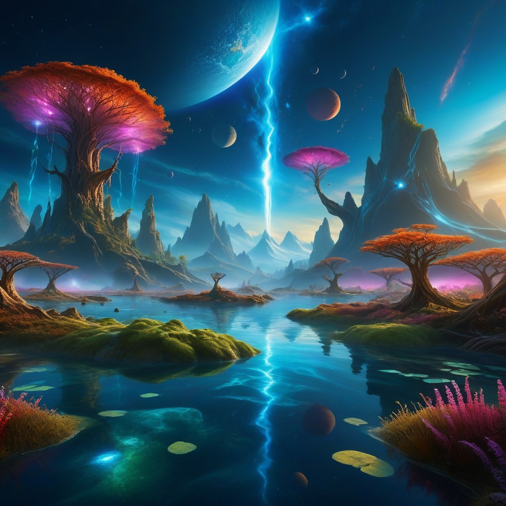 Create a hyper-realistic landscape that capture the essence of otherworldly, fantasy environment. This landscape should feature dramatic lighting, with vibrant, contrasting colors that evoke a sense of awe and wonder. The scene should include mystical elements such as ancient, towering trees with glowing energy, celestial skies filled with swirling galaxies and nebulas, and surreal mountains bathed in ethereal light. Incorporate natural elements like rivers, valleys, and forests, but with a magical twist—think of bioluminescent plants, trees with luminous roots, and water reflecting the night sky as if it were a mirror. The atmosphere should be both enchanting and mysterious, with a balance between the serene beauty of untouched nature and the powerful, almost cosmic forces at play. The scene should feel like a gateway to another realm, where the rules of the natural world are blended with the fantastical. Ensure the landscape is rich in detail, with a sense of depth that draws the viewer into the world, making them feel as though they are standing at the edge of a mystical, undiscovered land.