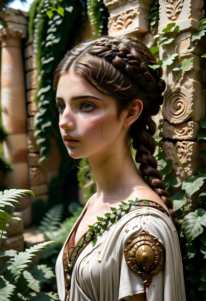 medium shot of luc14nn4 at an ancient roman ruin, wearing a stola. Wearing her hair in a side-braid. Surrounded by a verdant garden of acanthus ferns and flowering vines, and walls decorated with ancient roman wall art.