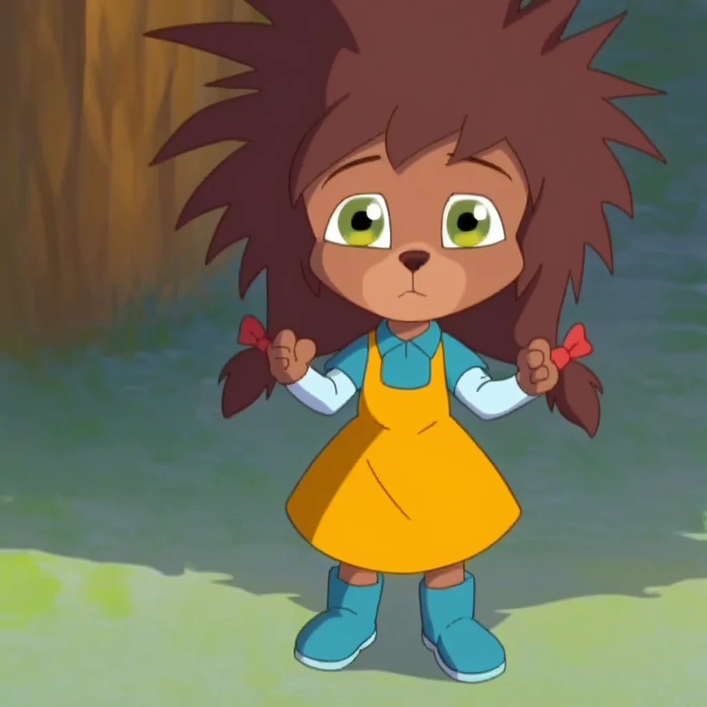 cute, yellow sleeveless dress, green eyes, lily_moah, furry, standing, anthro, solo, blue collar shirt with white long-sleeved, dark brown small round nose, short stature, blue rain boots, big eyes, pigtails with red bows, spiked wild hair, 1girl, Score_9, small snout, auburn brown hair, brown fur