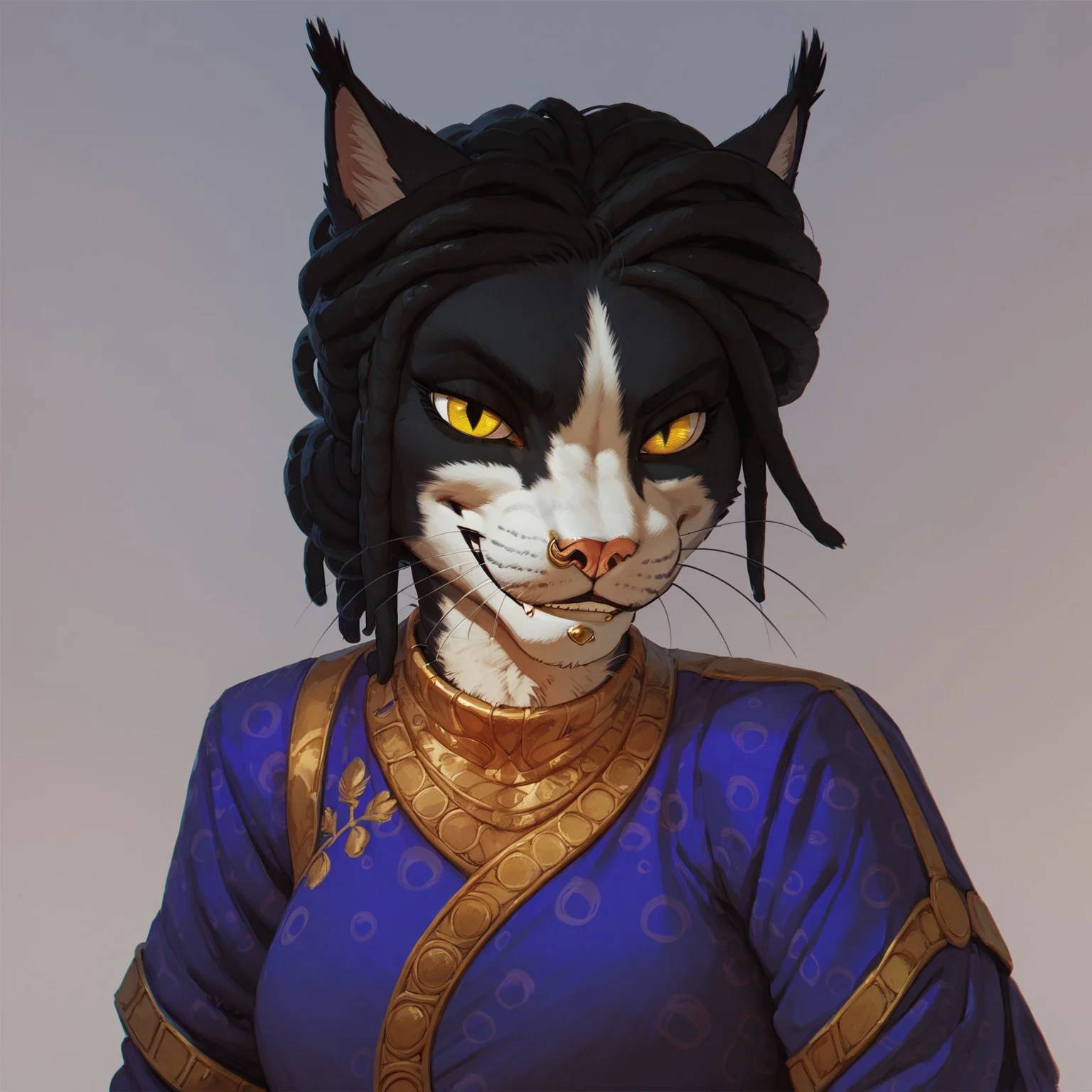 score_9, score_8_up, score_7_up, score_6_up, best quality,
anthro, 1girl, 3mb3r, feline, black and white fur, yellow eyes, black hair, nose ring, chin piercing, blue and gold outfit, portrait, smirk, looking at viewer,