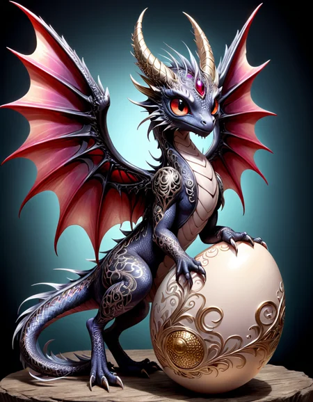 Dragon, filigree spikes, large eyes, big snout, diaphanous wings, iridescent tattoos, long tail, sitting on haunches, clutching a scaled shimmering egg, detailed black and crimson outline art, 