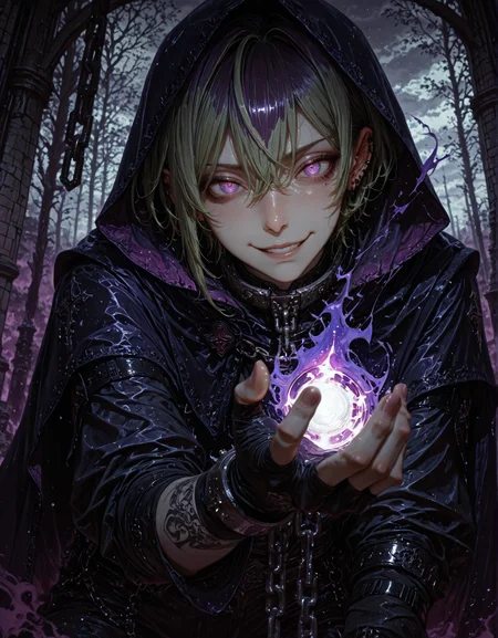 masterpiece, best quality,high quality, newest, highres,8K,HDR,absurdres, 1boy, androgynous, cloak, detached long sleeves, fingerless gloves, stud ear piercings, green hair, white highlight tuft to the left of his face, short hair, purple eyes, slanted pupils, Chained Hooks, evil smile, dark purple aura, stormy sky, dynamic pose, intense lighting, detailed background, depth of field, dynamic composition, foreshortening, detailed background, dynamic pose, dynamic composition,dutch angle, detailed backgroud,foreshortening,blurry edges <lora:iLLMythG0thicL1nes:1> G0thicL1nes