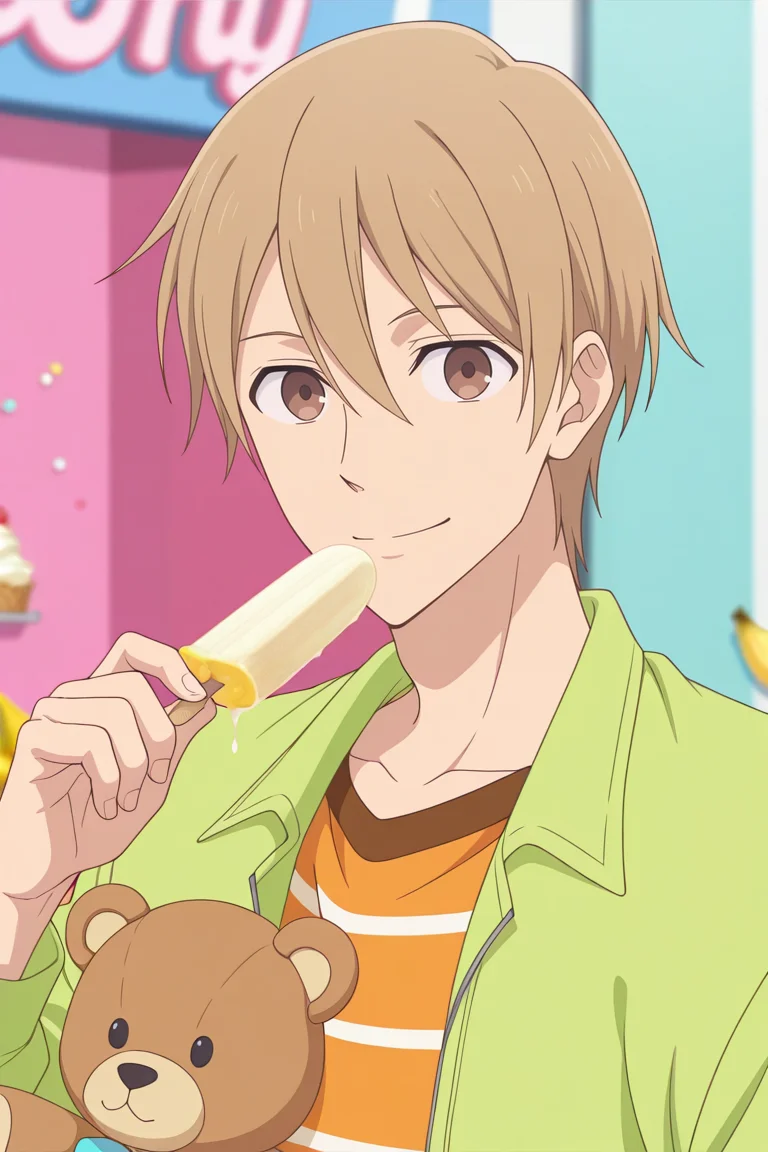 masterpiece, best quality, amazing quality,high resolution, intricate details,official style,depth of field,anime screencap, anime coloring, , , 1boy, solo, male focus,<lora:Yagi_Tomoya:0.75>,yagi tomoya,light brown hair,brown eyes,short hair,looking at viewer, smile,striped shirt,orange shirt, food, fruit, stuffed toy, stuffed animal,holding teddy bear, green jacket, ice cream, doughnut, banana, rubber duckm,hand up