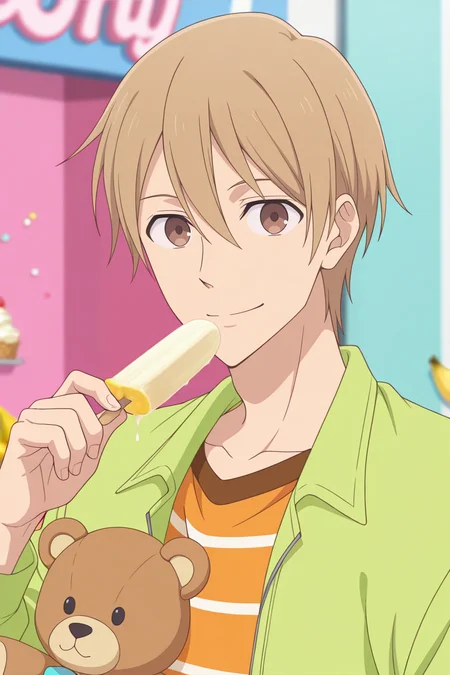 masterpiece, best quality, amazing quality,high resolution, intricate details,official style,depth of field,anime screencap, anime coloring, , , 1boy, solo, male focus,<lora:Yagi_Tomoya:0.75>,yagi tomoya,light brown hair,brown eyes,short hair,looking at viewer, smile,striped shirt,orange shirt, food, fruit, stuffed toy, stuffed animal,holding teddy bear, green jacket, ice cream, doughnut, banana, rubber duckm,hand up