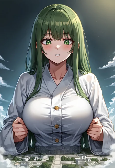 jvdaniang, giantess, (giga size: 1.4), source anime, 2d, large breasts, eyesHD, high gradient eyes, detailed eyes, high definition eyes, 1girls, women, A powerful giantess with rugged, stone-like skin, her body carved with intricate natural patterns resembling veins of marble. Her eyes glow softly with an earthy green hue, and her hair is a cascade of smooth pebbles and moss. She wears a robe made of woven lichen and vines. The setting is a towering mountain range, where she sits atop a peak, carving a massive monument from the mountain rock.