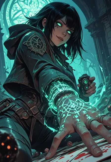 mysterious female gambler, punk mystic vibe, glowing eyes, smirking confidently, throwing glowing dice toward the viewer, enchanted playing cards, extreme foreshortening, dynamic action pose, camera angle from below, worm's-eye view, cinematic fantasy scene, dice in foreground appearing massive, sleek dark clothing with arcane glowing patterns, waist-up view, hand reaching toward the camera, glowing tattoos, energetic motion, dark magical saloon or ancient temple setting, mystical lighting, high detail, dramatic depth of field, visual intensity, bold composition, dark fantasy style, ultra sharp focus on eyes and dice
