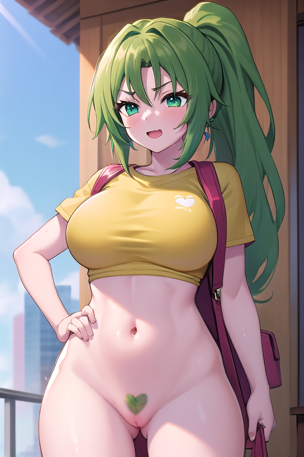 masterpiece, best quality, ultra-high-detailed, 1girl, heart-shaped pubic hair, public hair,   Mion Sonozaki, green hair, green eyes, ponytail, yellow tee, pussy, ponytail