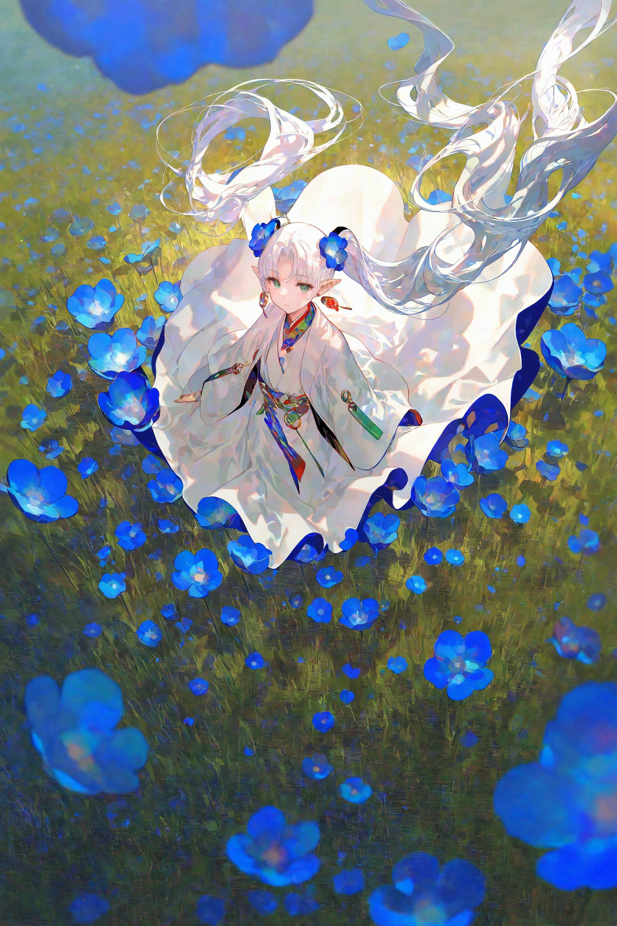 (artist:rei_(sanbonzakura)),artist:reia_76,artist:fuzichoco,[artist:ask_(askzy)],[[artist:ciloranko]],year 2023,illustration,((blue flowers)),(((solo))),turn around,white hair,long hair,green eyes,white robe,twin ponytails,coat,earrings,jewelry,parted bangs,pointy ears,floating hair,floating clothes,((from above)),(wide shot),among flowers,backlighting,limited palette,(field s of flowers),