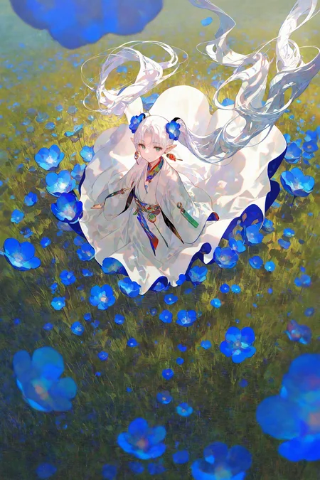(artist:rei_(sanbonzakura)),artist:reia_76,artist:fuzichoco,[artist:ask_(askzy)],[[artist:ciloranko]],year 2023,illustration,((blue flowers)),(((solo))),turn around,white hair,long hair,green eyes,white robe,twin ponytails,coat,earrings,jewelry,parted bangs,pointy ears,floating hair,floating clothes,((from above)),(wide shot),among flowers,backlighting,limited palette,(field s of flowers),