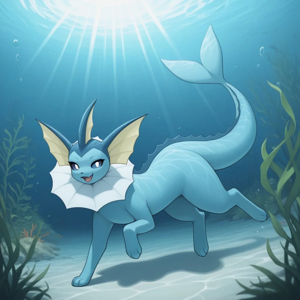 (masterpiece, best quality, very aesthetic, absurdres, vibrant saturated colors, volumetric lighting), BREAK,
background, underwater, sun rays, swimming, kelp forest, front view, full body, BREAK
1girl, female, VaporeonILL, blue body, Pokémon, (feral, quadruped:1.3), sfw, tail, curvy, paws, detailed face, detailed body, looking back, seductive pose, open mouth, smile, looking at viewer