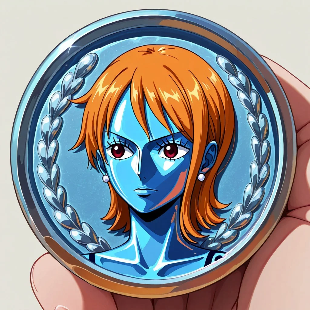 masterpiece, best quality, newest, absurdres, highres, anime, anime style, TheC0in-silver, silver, silver coin, coin, TheC0in,
1girl, Nami \(one piece\),
made of silver, objectification,