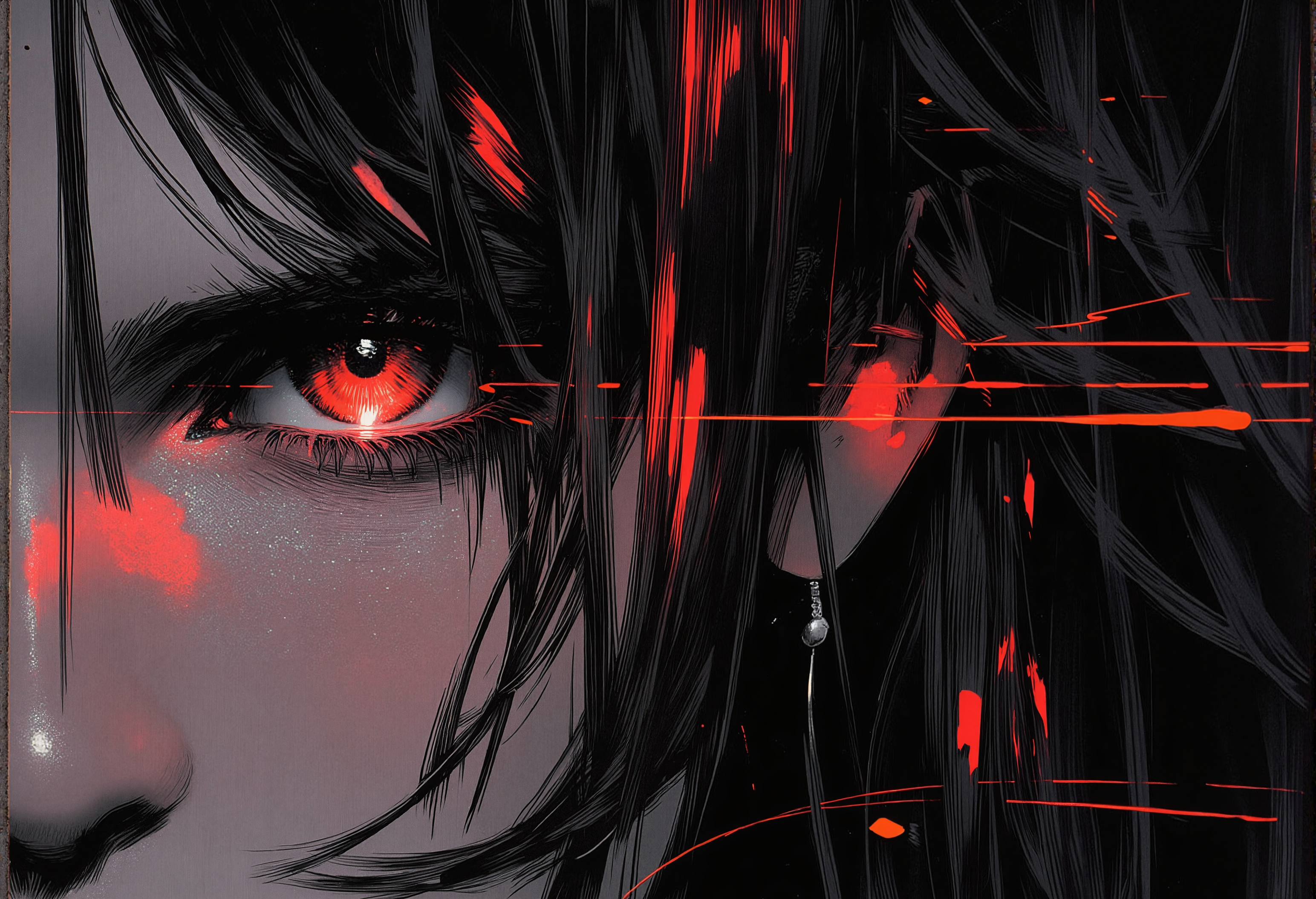 bv-anibrush, xslx scribble. A close-up of a strikingly beautiful young woman in a dark, futuristic dystopian cityscape at night, her salt and pepper hair flowing slightly disheveled, blending into the shadows. The faint glow of distant neon signs reflects off her sharp facial features. Her glowing eyes pierce through the surrounding darkness, capturing a sense of intensity and focus. The camera focuses on her face and hair, highlighting her determined expression and the subtle roughness of the art style with sketch-like textures, seen from a side view, emphasizing her profile and sharp facial features, <lora:bv-anibrush-v1-flux.safetensors:1.0:1.0> <lora:Risograph_Style_FLUX_by_Ethanar-000001.safetensors:1.0:1.0> <lora:scribble-flux-v1.safetensors:0.5:0.5>
