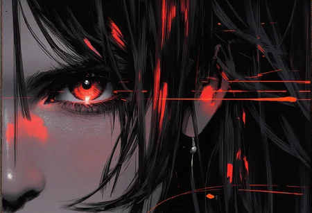 bv-anibrush, xslx scribble. A close-up of a strikingly beautiful young woman in a dark, futuristic dystopian cityscape at night, her salt and pepper hair flowing slightly disheveled, blending into the shadows. The faint glow of distant neon signs reflects off her sharp facial features. Her glowing eyes pierce through the surrounding darkness, capturing a sense of intensity and focus. The camera focuses on her face and hair, highlighting her determined expression and the subtle roughness of the art style with sketch-like textures, seen from a side view, emphasizing her profile and sharp facial features, <lora:bv-anibrush-v1-flux.safetensors:1.0:1.0> <lora:Risograph_Style_FLUX_by_Ethanar-000001.safetensors:1.0:1.0> <lora:scribble-flux-v1.safetensors:0.5:0.5>
