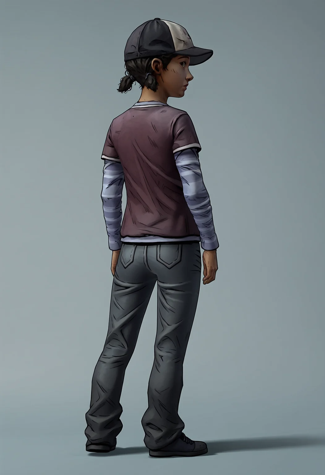 score_9, score_8_up, score_7_up, score_6_up, score_5_up, score_4_up, 1girl, <lora:ClementineS2:0.85> black hair, short twintails, brown eyes, dark skin, hat, baseball cap, shirt, layered sleeves, short over long sleeves, long sleeves, pants, full body, standing, from behind, looking back,
(light blue background), simple background,