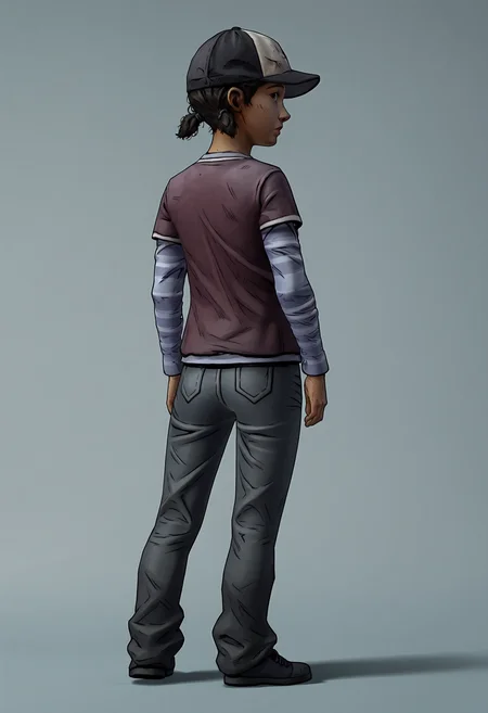 score_9, score_8_up, score_7_up, score_6_up, score_5_up, score_4_up, 1girl, <lora:ClementineS2:0.85> black hair, short twintails, brown eyes, dark skin, hat, baseball cap, shirt, layered sleeves, short over long sleeves, long sleeves, pants, full body, standing, from behind, looking back,
(light blue background), simple background,