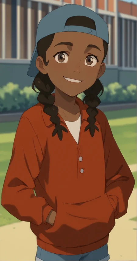 masterpiece, high quality, score_9, score_8_up, score_7_up Flip Johnson, Dark-skinned female, twin braids, black hair, backwards hat, baseball hat, brown eyes, shorts, red jacket, white shirt, ((cute)), 1girl, smile, looking at viewer<lora:Flip_Johnson_of_My_Adventures_with_Superman:0.9>