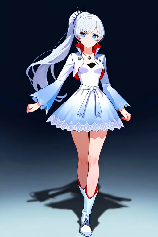 masterpiece, High quality, Ultra detailed, 2d, newest, absurdres, highres, BREAK
1girl, solo, <lora:weiss_schnee:0.8>, weiss_schnee, long hair, ponytail, white hair, blue eyes, scar across eye, earrings, jewelry, necklace,
small breasts, weissdef, long sleeves, cropped jacket, high collar, white dress, boots, white footwear,
full body, standing, looking at viewer,