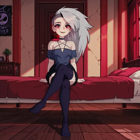 very aesthetic, masterpiece, best quality, highres, absurdres, amazing quality, high resolution, bedroom, bed,  <lora:LoonaHuman_Loona_Illustrious_Helluva_Boss:1> 1girl, solo, Human Loona, ((human girl)),side cut hair, long hair, sitting on floor, open legs, looking at viewer, legs crossed,smiling, happy, 
 <lora:Mononoke:1> mononokstyle