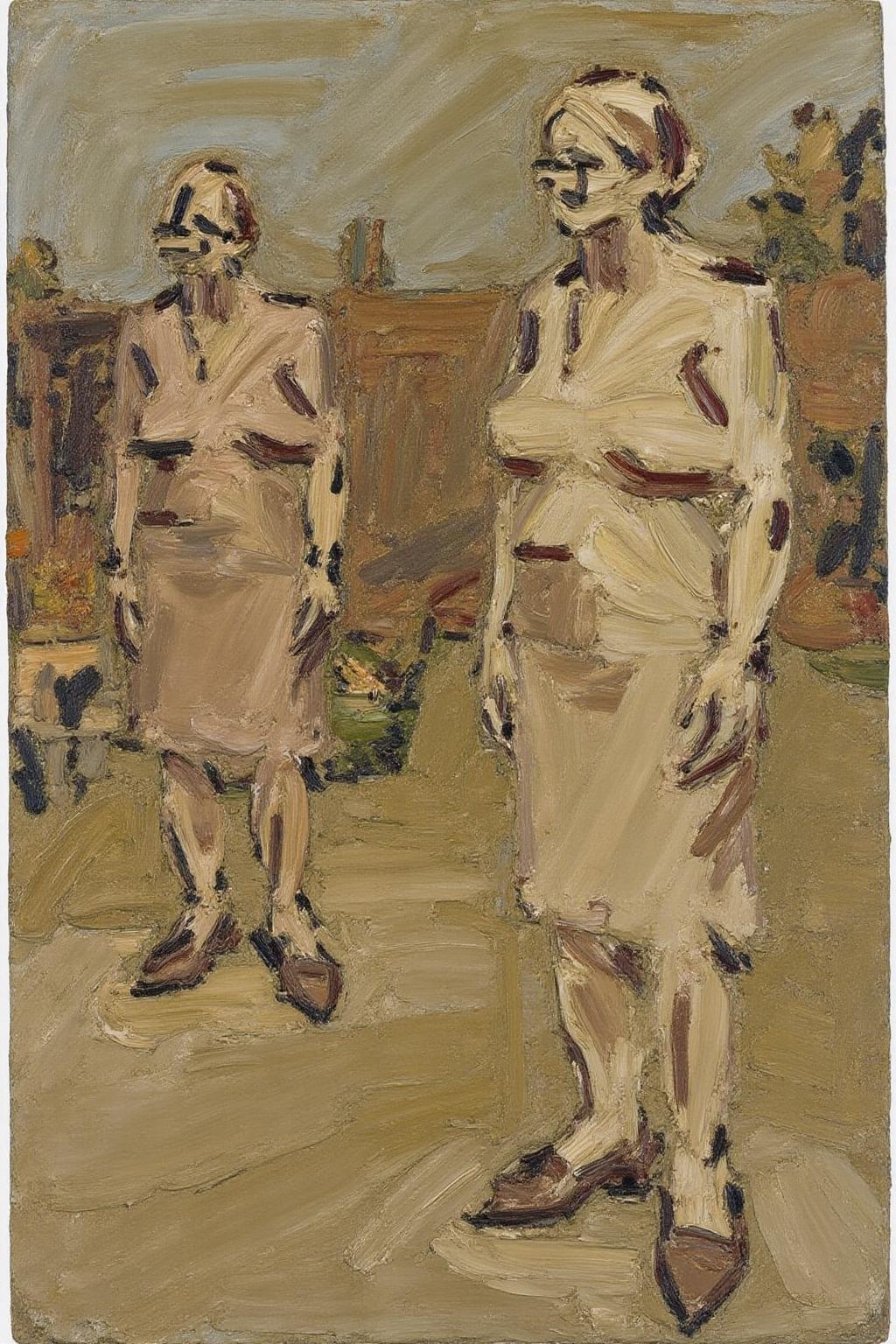 fraauer1 painting rendered in a loose, impressionistic style, using a palette of muted earth tones and soft, textured brushstrokes. The painting depicts a scene of an outdoor setting, possibly a garden or courtyard, with a focus on two figures. In the foreground, a tall, woman stands on the right side of the canvas. The woman, rendered in a muted beige color with subtle variations that suggest different textures and shadows. <lora:fraauer1_cap_d6a3:1.0><lora:811766630456689520:0>