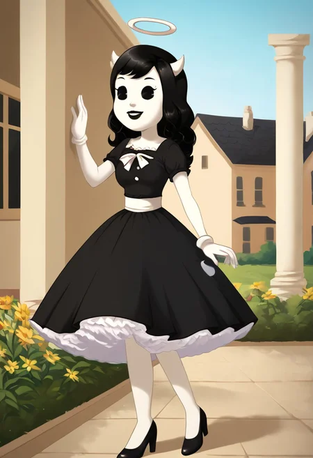 (Masterpiece, best quality:1.2), score_9, score_8_up, flat color, flat shading, soft shading, lighting, Alice Angel in a 1950's dress with a button down top, a fluffy frilly ruffled full petticoat, and high heels, dress, layered petticoat, frilly petticoat, fluffy petticoat, full petticoat, wide dress, flowing dress, long skirt, solid colored skirt, short sleeves, black hair, Bendy and The Ink Machine, series accurate, cute, best high quality, high res, black lips, white colored skin, whole body shot, 1girl, solo, outside, standing straight, in a garden, cute, adorable, smile, low angle shot, cartoon, cartoon style, vector, solo, circle dress, 1950s, alice angel