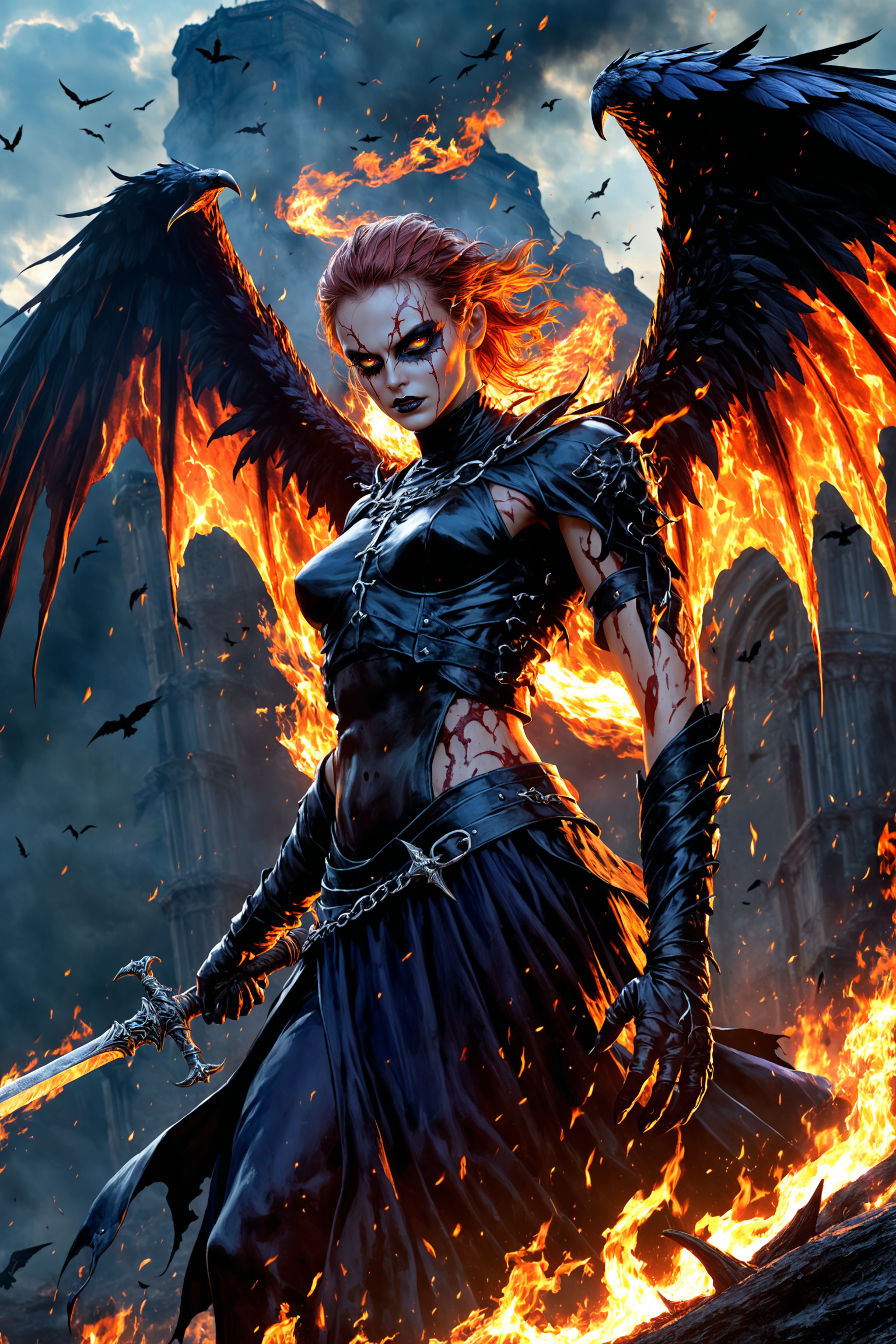 (photorealism:2), dynamic pose,
ominous silhouette of an angel of death, sickles, infernal fire, burning with hatred, black ravens, dark fantasy illustration, vibrant colors, high contrast, hyper-realistic, dynamic, detailed, high-definition, intense, mythical, captivating, dramatic, powerful, imaginative
 <lora:EdobHorrorLandscape_XL_v1.0:1> EdobHorrorLandscape,  <lora:SDXLHighDetail_v5:1>