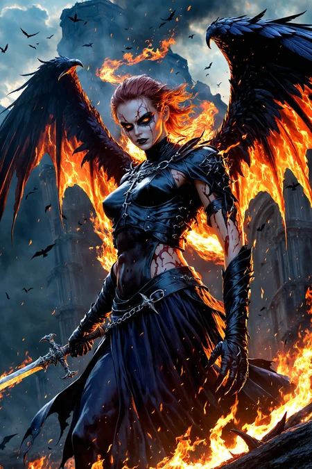 (photorealism:2), dynamic pose,
ominous silhouette of an angel of death, sickles, infernal fire, burning with hatred, black ravens, dark fantasy illustration, vibrant colors, high contrast, hyper-realistic, dynamic, detailed, high-definition, intense, mythical, captivating, dramatic, powerful, imaginative
 <lora:EdobHorrorLandscape_XL_v1.0:1> EdobHorrorLandscape,  <lora:SDXLHighDetail_v5:1>