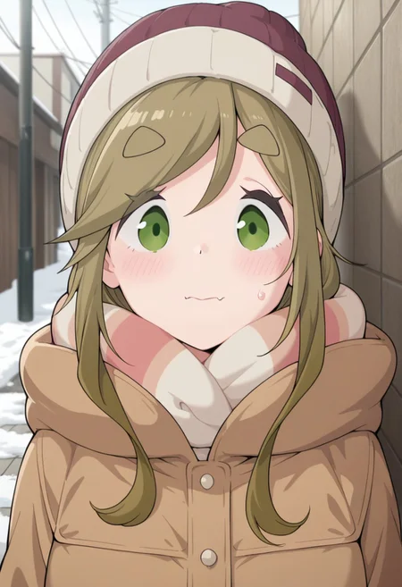 masterpiece,best quality,amazing quality, inuyama aoi, brown hair, green eyes, long hair, 1girl, solo, thick eyebrows, scarf, hat, looking at viewer, sweatdrop, beanie, fang, skin fang, closed mouth, coat, upper body