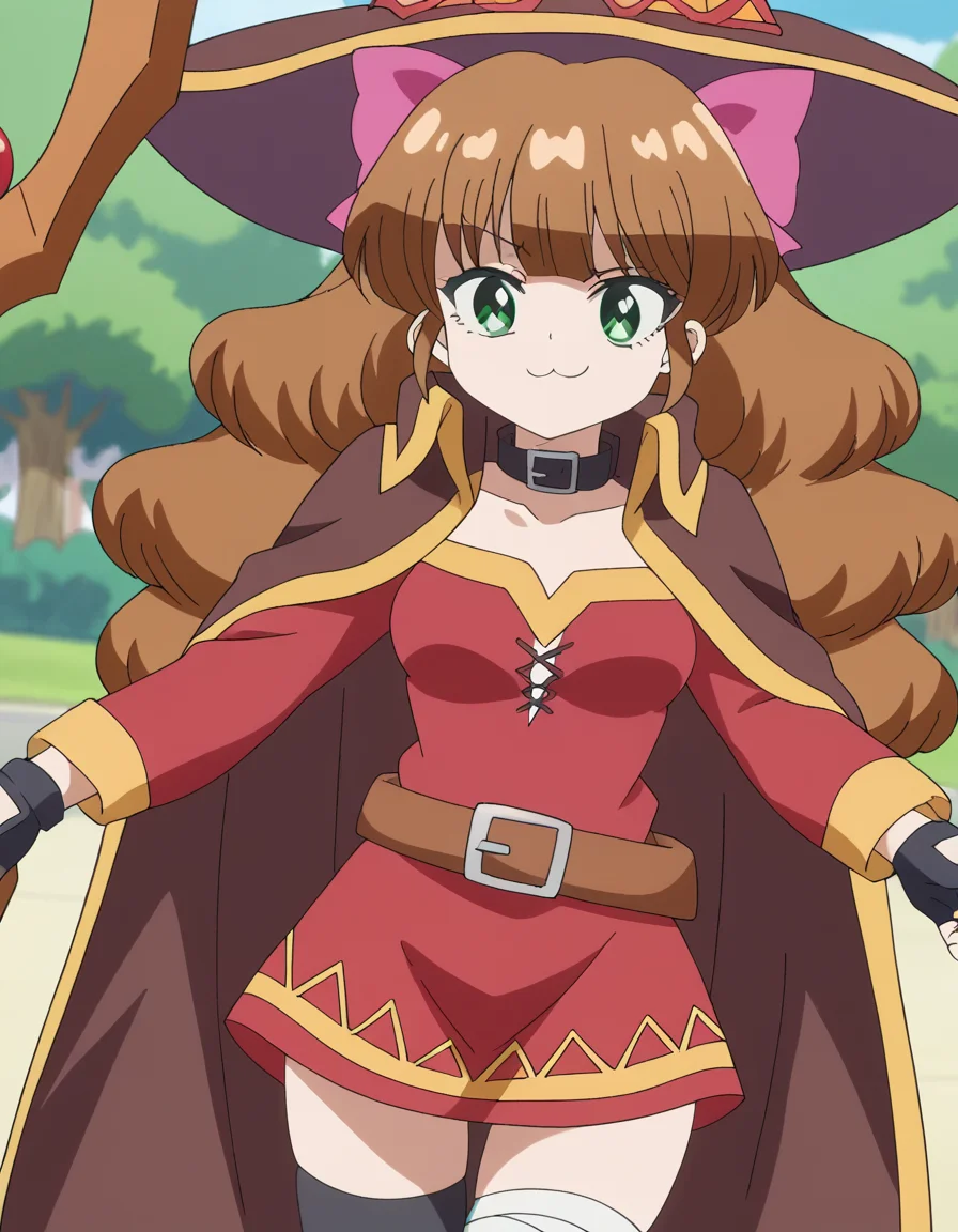 score_9, score_8_up, score_7_up, source_anime, <lora:azusa-shiratori-s1-ponyxl-lora-nochekaiser:1>, azusa shiratori, long hair, brown hair, bow, green eyes, hair bow, pink bow, medium breasts, anime screencap,, <lora:megumin-cosplay-ponyxl-lora-nochekaiser:1>, megumin cosplay, megumin (cosplay), thighhighs, gloves, hat, dress, black gloves, belt, black thighhighs, fingerless gloves, cape, collar, witch hat, bandages, red dress, single thighhigh, asymmetrical legwear, bandaged leg,, staff, holding staff, smug, outdoors, looking at viewer, cowboy shot,, , dutch angle, cowboy shot